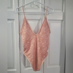 Aerie One Piece Swimsuit Pink Crochet Boho High Cut Leg Cheeky Padded Large